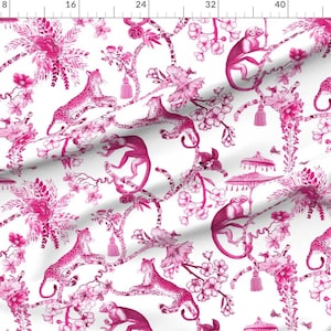 May include: Pink and white fabric with a repeating pattern of monkeys, leopards, and floral designs. The pattern is reminiscent of a chinoiserie style.