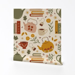 Cozycore Cottage Ablösbare Tapete - Wunderliche Bibliothek Teekanne - Wand Kunst Wand Dekor - Blumige Bücher und Tee by ohjessmarie