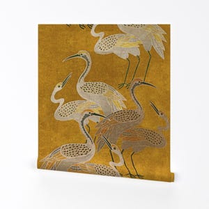 Maximalismus Ablösbare Tapete zum Abziehen und Aufkleben - Art Deco Vögel Boho Kranich - Wandkunst Wanddekor - Goldene Stundenkraniche von shellyreneedesigns