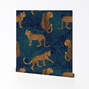 Animalier Leopard on Teal Fabric - Leopard Jungle Midnight By Honoluludesigns - Dark Tropical Floral Animal Print Wallpaper with Spoonflower