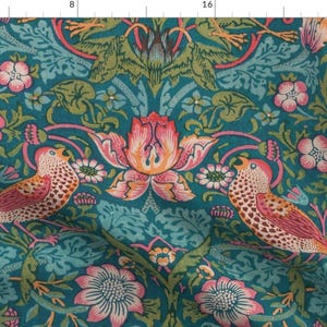 William Morris Fabric - Strawberry Thief Teal  by peacoquettedesigns -  Art Nouveau Strawberry Birds Teal Fabric by the Yard by Spoonflower