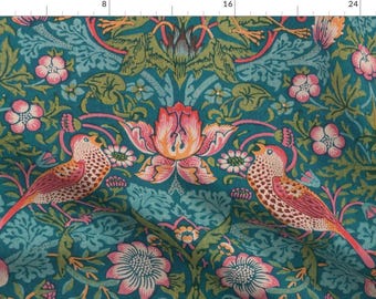 William Morris Fabric - Strawberry Thief Teal  by peacoquettedesigns -  Art Nouveau Strawberry Birds Teal Fabric by the Yard by Spoonflower