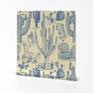 Western Removable Peel and Stick Wallpaper -  Cowboy Cowgirl Toile Cactus Blue - Wall Art Wall Decor - Cactoile Blue by yesterdaycollection