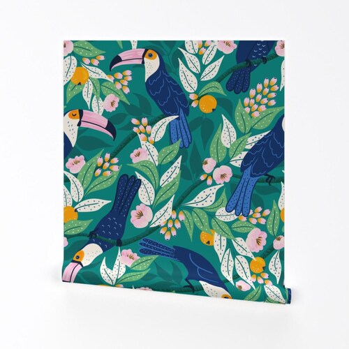 Bright Jungle Removable Peel and Stick Wallpaper - Tropical Rainforest - Wall Art Wall Decor - Whimsical Toucan Forest by vivdesign