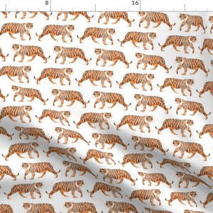 May include: A seamless pattern featuring a repeating design of orange and black watercolor tigers walking across a white background.