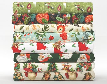 Pode incluir: Uma pilha de dez painéis de tecido com uma variedade de designs temáticos de Natal. Os painéis são de várias cores, incluindo vermelho, verde, branco e preto. Os designs incluem Papai Noel, renas e outras imagens natalinas.