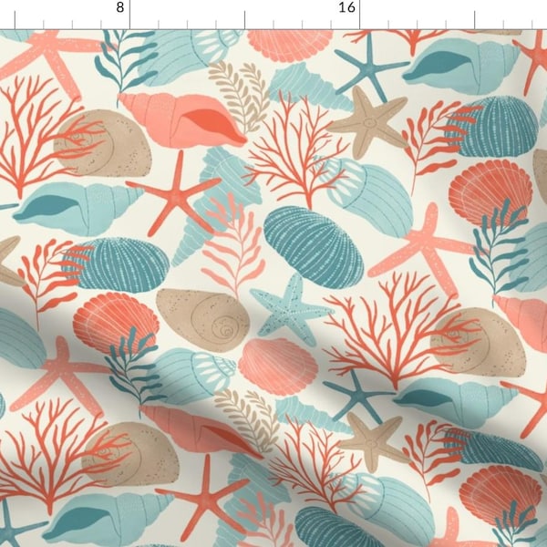 Colorful Seashells Fabric - Seashells  by monicamota - Coastal Nautical Modern Beach House Pink Coral Blue Fabric by the Yard by Spoonflower