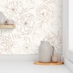 Neutral Peony Wallpaper Sketched Peony In Latte by hipkiddesigns Bronze Cream Peonies Removable Peel and Stick Wallpaper by Spoonflower image 7