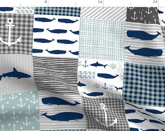 Whale Fabric- Ocean Cheater Quilt Navy And Blue Whales By Charlottewinter- Nautical Whale Anchor Cotton Fabric By The Yard With Spoonflower