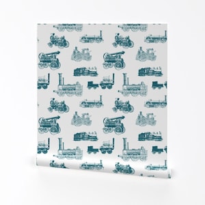 Train Wallpaper - Antique Engines Aquamarine Large By Thinlinetextiles -Custom Printed Removable Self Adhesive Wallpaper Roll by Spoonflower