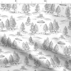 May include: A white and gray repeating pattern featuring a stylized drawing of a forest with trees, tents, and flying saucers. The pattern is reminiscent of a vintage illustration.
