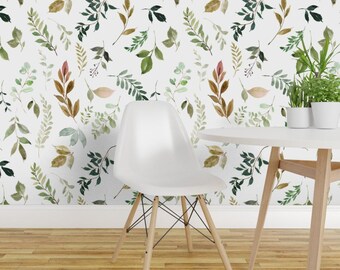 Leaves Peel and Stick Wallpaper -  Floral Nature Leaf Sage Autumn Fall Greenery - Removable Wall Decor Art - Woodsy Leaves by hipkiddesigns
