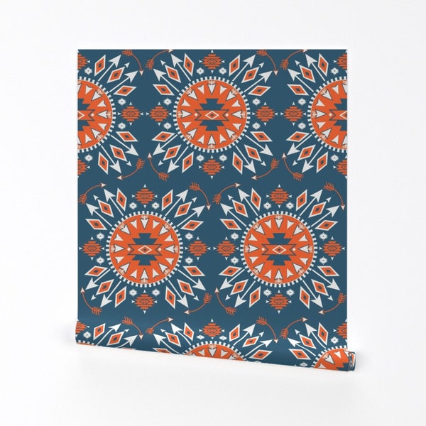 Arrow Wallpaper - Navajo Arrows - By Fable Design - Arrow Blue Orange Custom Printed Removable Self Adhesive Wallpaper Roll by Spoonflower