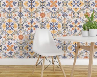Vintage Styles Peel and Stick Wallpaper - Mosaic Italian Summer Floral Watercolor - Removable Wall Decor Art - Nostalgic by garabateo