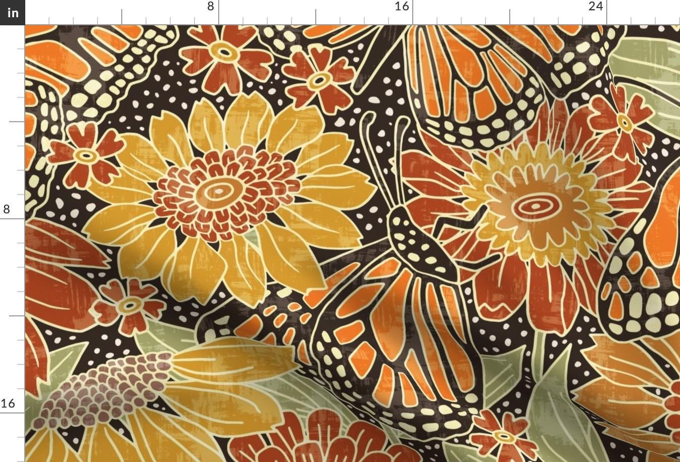 Butterfly Floral Fabric - Monarchs From 1968 by ramarama - Sage Orange Sunflowers Mustard Rust  Fabric by the Yard by Spoonflower