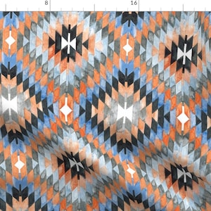Watercolor Kilim Fabric - Diamond Kilim Orange Version By Rebecca Reck Art - Kilim Diamond Ikat Cotton Fabric By The Yard With Spoonflower