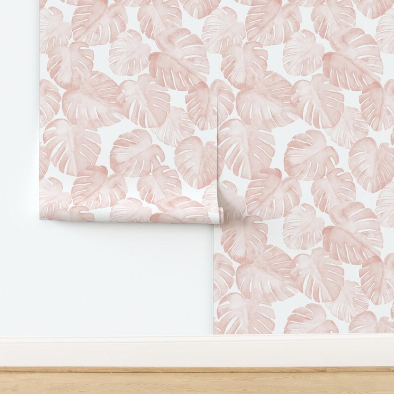 Monstera Wallpaper - Jumbo Scale Watercolor Monstera Leaf By Littlearrowdesign - Pink Removable Self Adhesive Wallpaper Roll by Spoonflower image 4