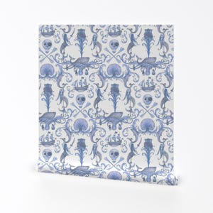 Pirate Wallpaper - Rococo And A Bottle Of Rum, Blue By Ceanirminger - Custom Printed Removable Self Adhesive Wallpaper Roll by Spoonflower