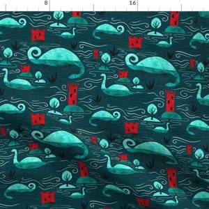 May include: Teal blue fabric with a repeating pattern of turquoise sea monsters, red towers, and white swirls. The pattern is on a dark teal background.