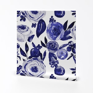 Flowers Wallpaper - Big Blue White Floral Watercolor By Theartwerks - Custom Printed Removable Self Adhesive Wallpaper Roll by Spoonflower