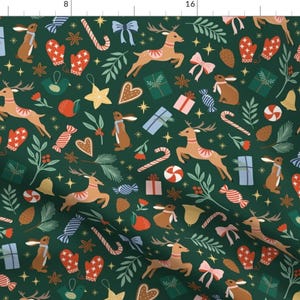 Dark Green Christmas Fabric: Reindeer, Candy Canes (by the Yard)