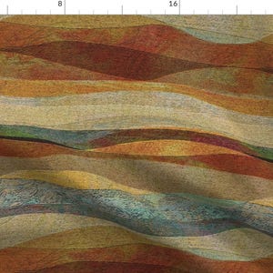 May include: Abstract art print featuring a wavy, layered pattern in shades of brown, orange, yellow, blue, and green. The print has a textured, hand-painted look.