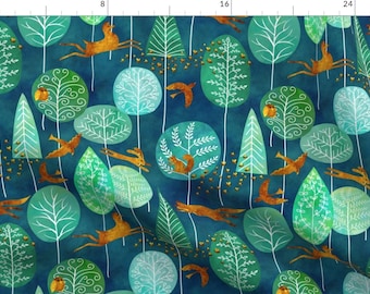 Fox Fabric - Golden Denizens Of An Emerald Forest By Vo Aka Virginiao - Watercolor Woodland Fox Cotton Fabric By The Yard With Spoonflower