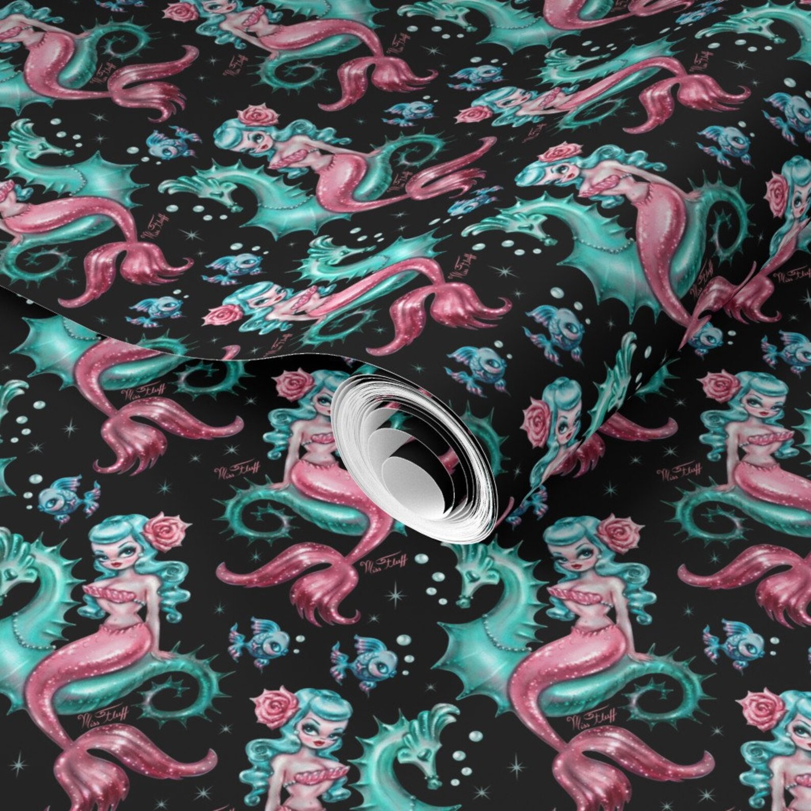 Vintage Mermaid Wallpaper Mermaid on Black Small by Miss - Etsy