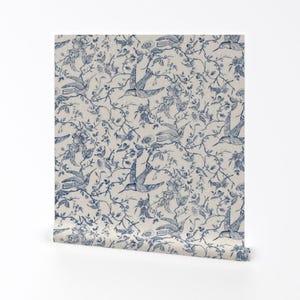 Blue Floral Toile Removable Peel and Stick Wallpaper - Toile Chinoiserie - Wall Art Wall Decor - Hummingbird Toile  by bridgettstahlman