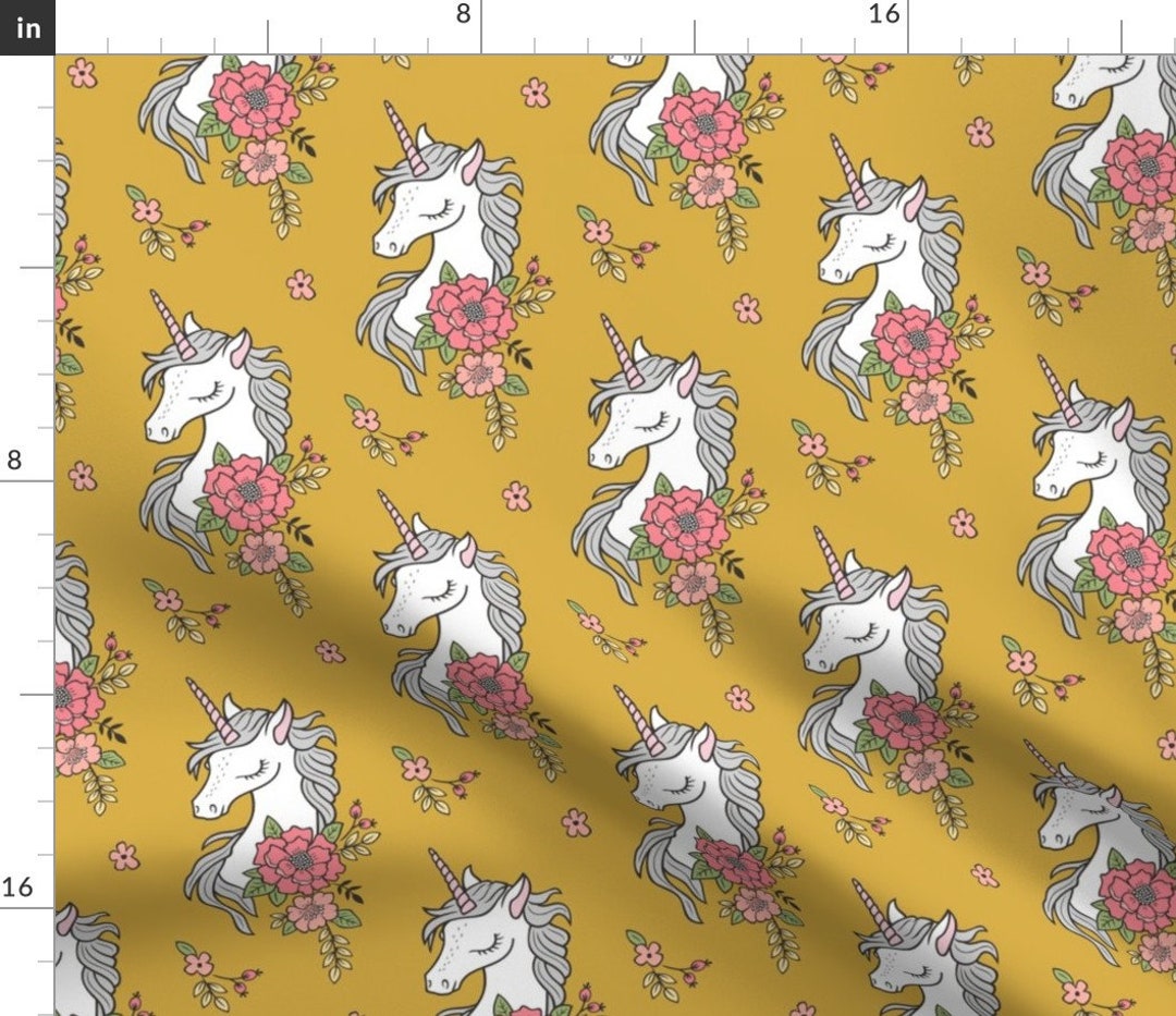 Unicorn Fabric Dreamy Unicorn Vintage Boho Flowers on Yellow Mustard by
