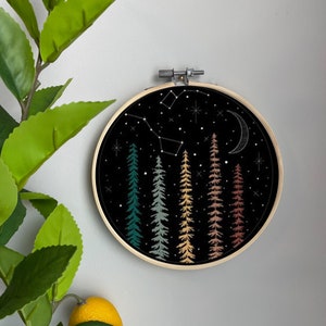 Moon Embroidery Template on Cotton - Celestial Prism By Kelly Korver - Forest Embroidery Pattern for 6&quot; Hoop Custom Printed by Spoonflower