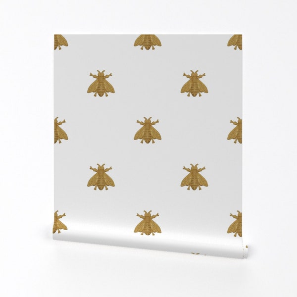 Gold Bee Wallpaper - Napoleonic Bees Faux Gilt White  by peacoquettedesigns - Insect  Removable Peel and Stick Wallpaper by Spoonflower