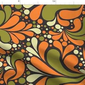 May include: A seamless pattern featuring abstract shapes in shades of orange, green, and cream on a black background. The shapes resemble teardrops and circles, creating a retro and psychedelic design.