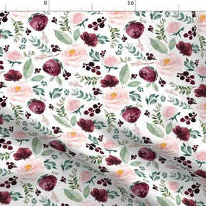 Burgundy Florals Fabric - Wild At Heart Floral by shopcabin - Pink Boho Flowers Watercolor Roses Fabric by the Yard by Spoonflower