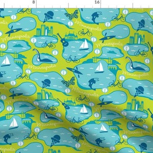 Lake City Fabric - Minneapolis Lakes By Cindylindgren - Great Lake Sailboat Fish Blue green Cotton Fabric By The Yard With Spoonflower