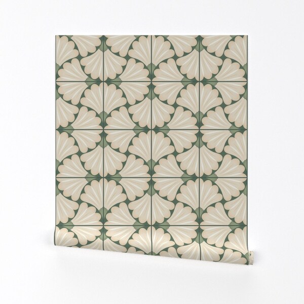 Sage Green Tiles Wallpaper - Warm Green Floral Tiles by sanne_paul - Geometric Floral Removable Peel and Stick Wallpaper by Spoonflower