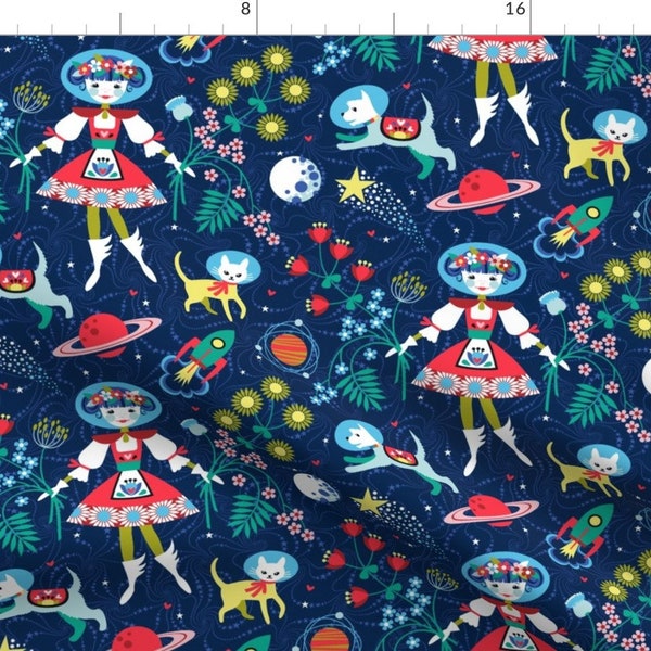 Outer Space Fabric - Far Away Folk By Cerigwen - Space Galaxy Folk Art Cotton Fabric By The Yard With Spoonflower