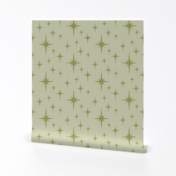 Atomic Wallpaper - Atomic Starburst Green By Roofdog Designs - Green 1950s Stars MCM Removable Self Adhesive Wallpaper Roll by Spoonflower