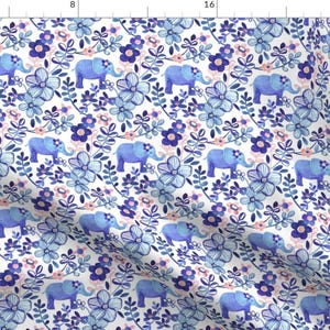 Elephant Fabric - Little Purple Elephant Watercolor Floral On White By Micklyn - Elephant Flower Cotton Fabric By The Yard With Spoonflower