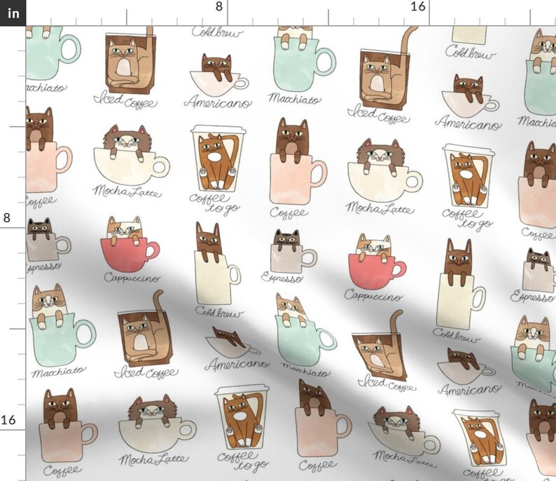 Coffee & Cats Fabric Coffee Cats by Pinkowlet Novelty Etsy Australia