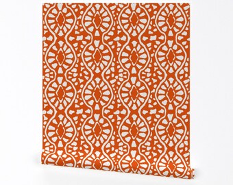 Trellis Wallpaper - Cobblestone Trellis Orange By Lulabelle - Orange Custom Printed Removable Self Adhesive Wallpaper Roll by Spoonflower