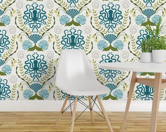 Papel pintado náutico damasco - Blanco roto ligeramente de Katerhees - Rollo de papel pintado autoadhesivo removible con estampado personalizado de pulpo de Spoonflower