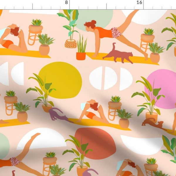 Yoga Fabric - Yoga Plants And Cats by dominique_vari - Poses Sun Plants Cat Home Fitness Summer Orange Fabric by the Yard by Spoonflower