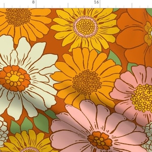 Retro 1970s Floral Fabric - 70s Boho Floral by mariarein - Vintage Style Nostalgia Pink Orange Yellow Fabric by the Yard by Spoonflower