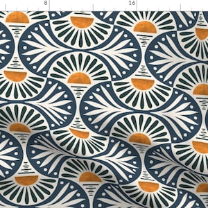 Modern Abstract Fabric - Deco Sunset Gray by de_koro -  Bold Geometric Art Deco Blue Orange Leaves Floral Fabric by the Yard by Spoonflower
