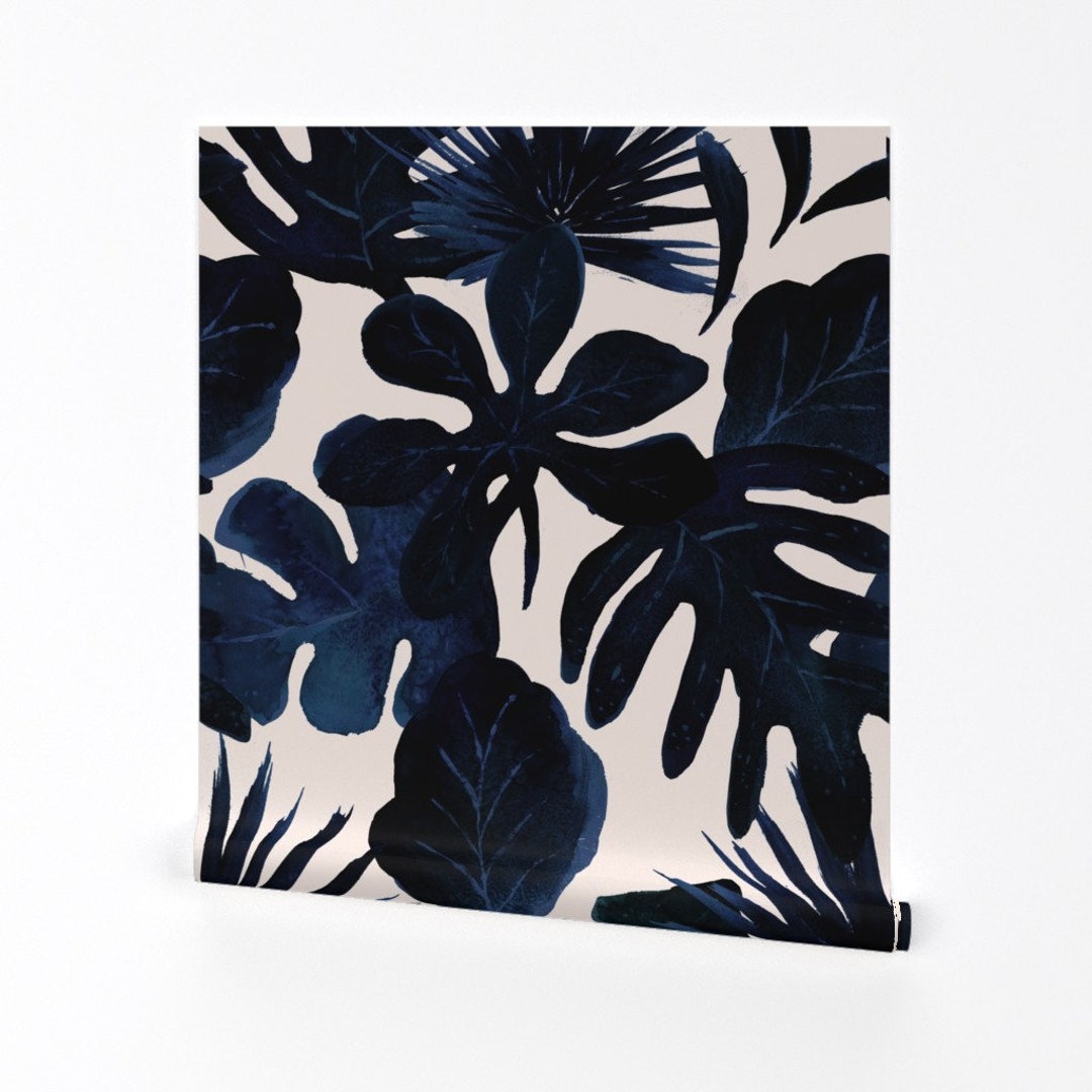 Navy Jungle Wallpaper Tropical Leaves Midnight by Crystal Etsy