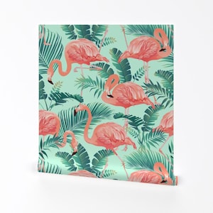 Flamingo Wallpaper - Pink Flamingos On Teal Tropical By Khaus - Mint Custom Printed Removable Self Adhesive Wallpaper Roll by Spoonflower