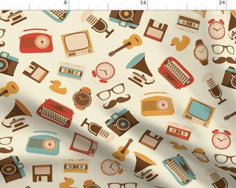 May include: A seamless pattern featuring vintage icons in a retro color palette. The pattern includes a camera, a cassette tape, a typewriter, a microphone, a guitar, a floppy disk, a radio, a television, a gramophone, a watch, a pair of glasses, a mustache, and a rubber ducky.