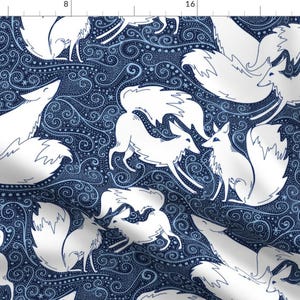 Arctic Foxes Fabric - Flurries Of Foxes Winter Arctic Fox Print By Beesocks - Foxes Blue White Cotton Fabric By The Yard With Spoonflower