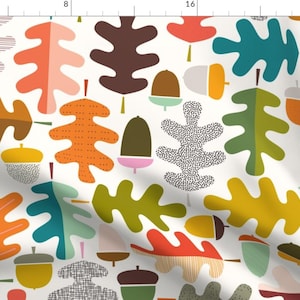 Modern Leaves Fabric - Autumn Oak Tree By Katerhees - Simple White Blue Orange Seasonal Acorns Cotton Fabric By The Yard With Spoonflower